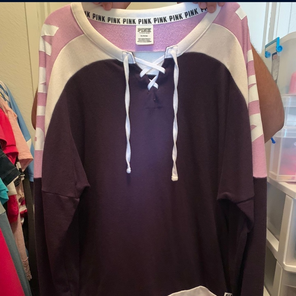 Victoria's Secret Pink New Oversize Lace Up Varsity Crew Plum Purple (Medium)